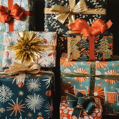 A collection of Christmas presents in mid-century modern style, wrapped in metallic paper and retro prints, accented with tinsel and glittering ribbon