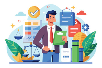 Poster - A professional evaluates tasks and responsibilities while surrounded by documents and symbols of law, Customizable flat illustration for obligations.