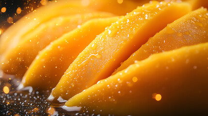 Close-up of ripe, juicy mango slices glistening with a touch of sweetness, showcasing vibrant orange color and textures.