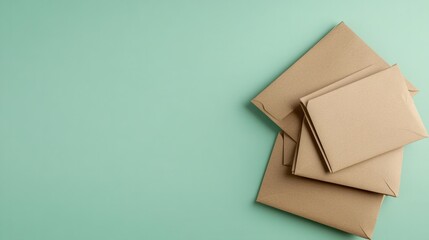Leinwandbilder - Stack of blank envelopes in kraft paper, isolated on a pastel green background, natural and simple design.