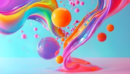 Wall Mural - Dynamic abstract composition of colorful liquids and floating spheres in mid-air, ideal for vibrant backgrounds and playful design elements.