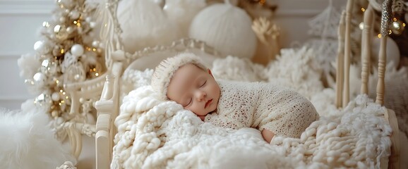 Wall Mural - Newborn baby sleeping peacefully on a white bed, surrounded by Christmas decor.