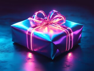 Futuristic Christmas gift wrapped in holographic paper with glowing neon ribbons, metallic blue and purple tones, sleek and minimal, 3D render, soft lighting