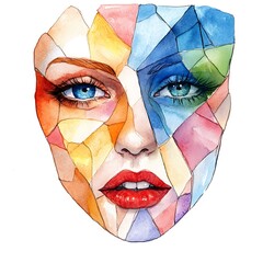 Wall Mural - Watercolor Portrait of a Woman's Face in Geometric Shapes.