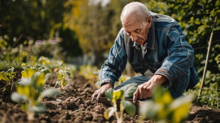 Wall Mural - Senior man carefully tilling the soil in his garden, preparing for the planting season