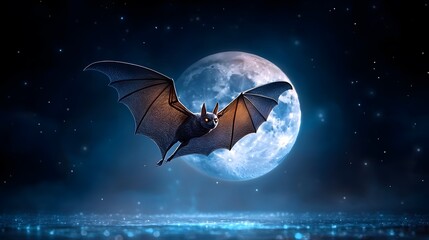 A majestic bat flying against a glowing moon, capturing the essence of the night sky with a mystical atmosphere.