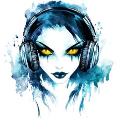 Wall Mural - Watercolor Portrait of a Woman with Yellow Eyes and Headphones.