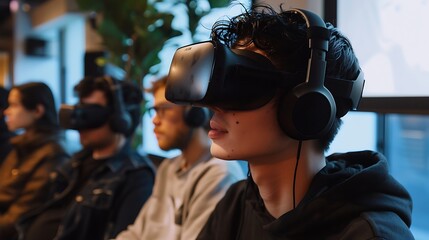 Poster - Group of people wearing VR headsets, experiencing virtual reality together. They look focused and intrigued, exploring the digital world.