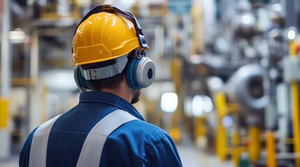 industrial worker wearing safety gear and headphones