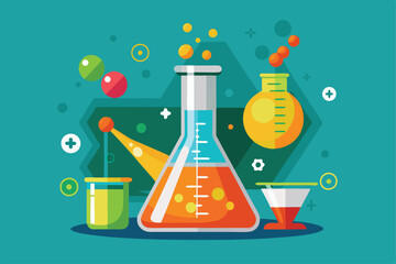 A vibrant illustration of a chemistry beaker filled with bright liquids alongside laboratory instruments, Customizable flat illustration of a chemistry beaker