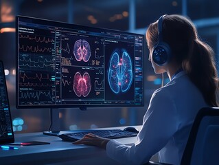Poster - A female doctor in a white coat, wearing headphones, analyzes medical scans and vital signs on a computer monitor.