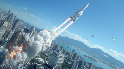 Aufkleber - rocket launches into sky above bustling city, surrounded by clouds and smoke, creating dramatic scene of urban life and technological advancement. contrast between rocket and cityscape evokes sense