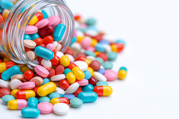 Aufkleber - Colorful pills and capsules spill from glass jar onto white surface, creating vibrant display of various shapes and sizes. This scene captures essence of pharmaceuticals and health