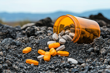 Aufkleber - Spilled pills from orange prescription bottle on rocky surface create striking contrast against natural backdrop. scene evokes sense of carelessness and importance of medication safety