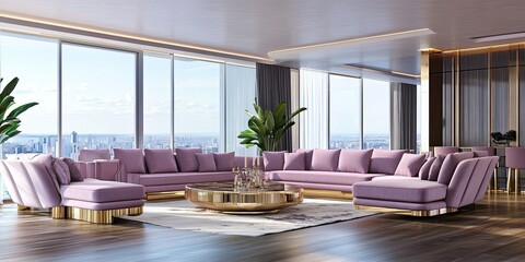 modern living room with L luxury mauve shape sofa set and elegant wooden floor 