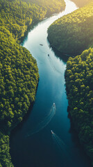 Wall Mural - aerial view of boats on a river winding through a forest