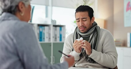 Canvas Print - Sick, man and blowing nose with with doctor at clinic for flu symptoms, advice and treatment of virus. Healthcare, worker and person with illness by GP for medical, evaluation or LB.1 covid diagnosis