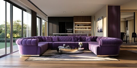 modern living room with L luxury lilac shape sofa set and elegant wooden floor 