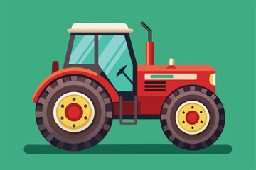 Wall Mural - A bright red farm tractor with large tires is illustrated against a green background, perfect for customization, Customizable flat illustration of a farm tractor.