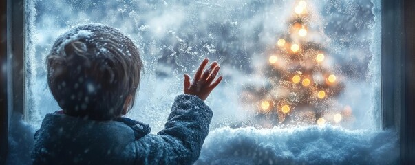 A child gazes out of a snowy window, captivated by the glow of a Christmas tree, evoking warmth and holiday spirit.