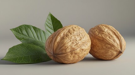 Close-up of Walnuts with Green Leaves