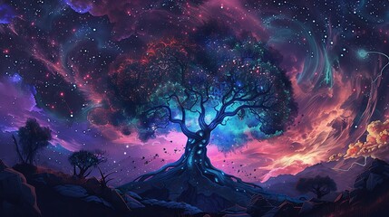 Wall Mural - majestic tree stands tall against a backdrop of a vibrant starry night sky, radiating cosmic energy 