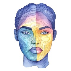 Wall Mural - Watercolor Illustration of a Face Divided by Lines and Color.