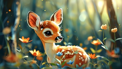 Wall Mural - Charming Paper Cut Illustration of a Young Fawn Amidst Blossoming Flowers in a Dreamy Forest