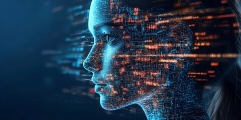 Abstract digital portrait of a woman's face with a grid of glowing orange and blue lines.