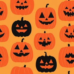 Colorful Halloween pumpkin Seamless, pattern featuring smiling jack-o'-lanterns on an orange backdrop, perfect for festive designs.