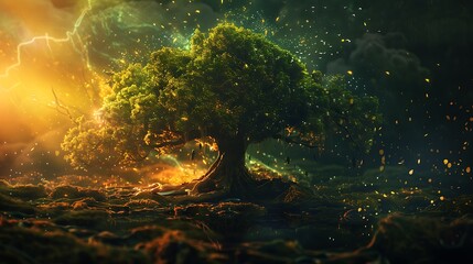 Wall Mural - large tree with glowing leaves stands tall against a dark sky with lightning in the background. the 