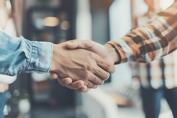 closeup image of two business people shaking hands in a cafe.