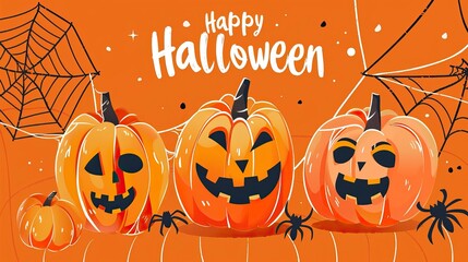 Happy Halloween Banner with Text and banner decoration with Halloween elements such as pumpkin, bats, spider, spider web, ant, witch and black cat