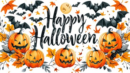 Happy Halloween Banner with Text and banner decoration with Halloween elements such as pumpkin, bats, spider, spider web, ant, witch and black cat