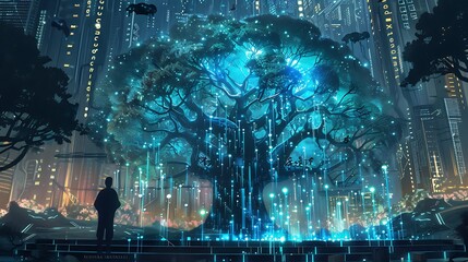 Large tree with glowing blue lights growing in a futuristic city at night, a person is silhouetted against the glowing tree