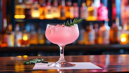 vibrant pink cocktail illustration on a bar counter in a lively nightlife scene with a whimsical paper art style