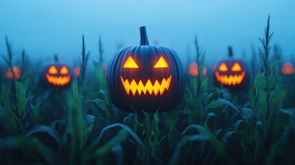 Wall Mural - Glowing jack-o'-lanterns in a misty cornfield create a spooky Halloween atmosphere, perfect for autumn celebrations and festivities.