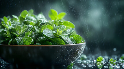 Fresh mint leaves glisten with raindrops in a rustic bowl, showcasing vibrant green colors and a natural, refreshing ambiance.