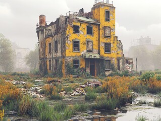 Canvas Print - Abandoned Yellow Building in a Foggy Landscape