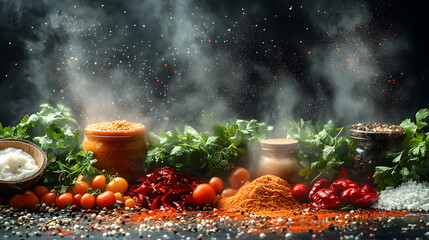 Vibrant display of fresh herbs, spices, and tomatoes, enhancing the culinary atmosphere with a dynamic mist in the background.