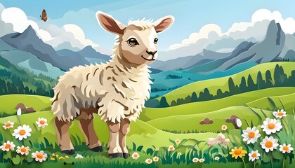 Wall Mural - charming pastoral scene of sheep in spring, whimsical paper cut illustration for nursery decor featuring adorable baby animals