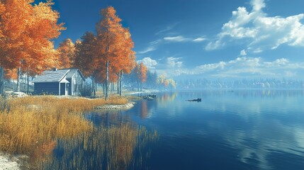 Cabin by the Lake in Autumn - Peaceful Landscape