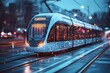 © nurionstudio - Modern electric train with digital network lines on the front drives on a city street at night.