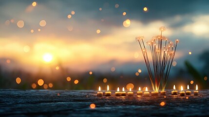 Wall Mural - Krathongs with candles and incense sticks glowing in the night during Loy Krathong.