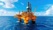 © WACHI - An offshore oil drilling rig stands tall against a vibrant blue sky, surrounded by calm ocean waters, showcasing modern energy exploration.