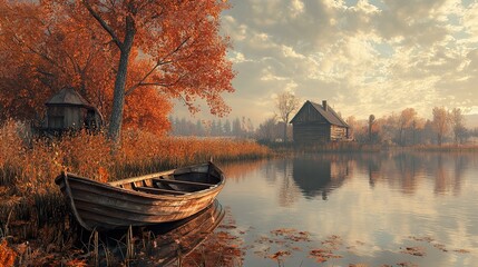 Poster - Tranquil Autumn Landscape with Cabin and Boat