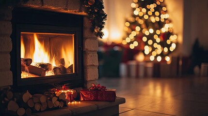 cozy christmas scene with a warm fireplace, decorated tree, and glowing lights, perfect for holiday-