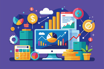 Poster - a colorful illustration represents investment data with graphs, charts, and various financial elemen