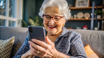 Joyful senior woman using smartphone at home