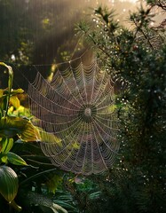 a shadow of a spider's web on a rainy day in a garden